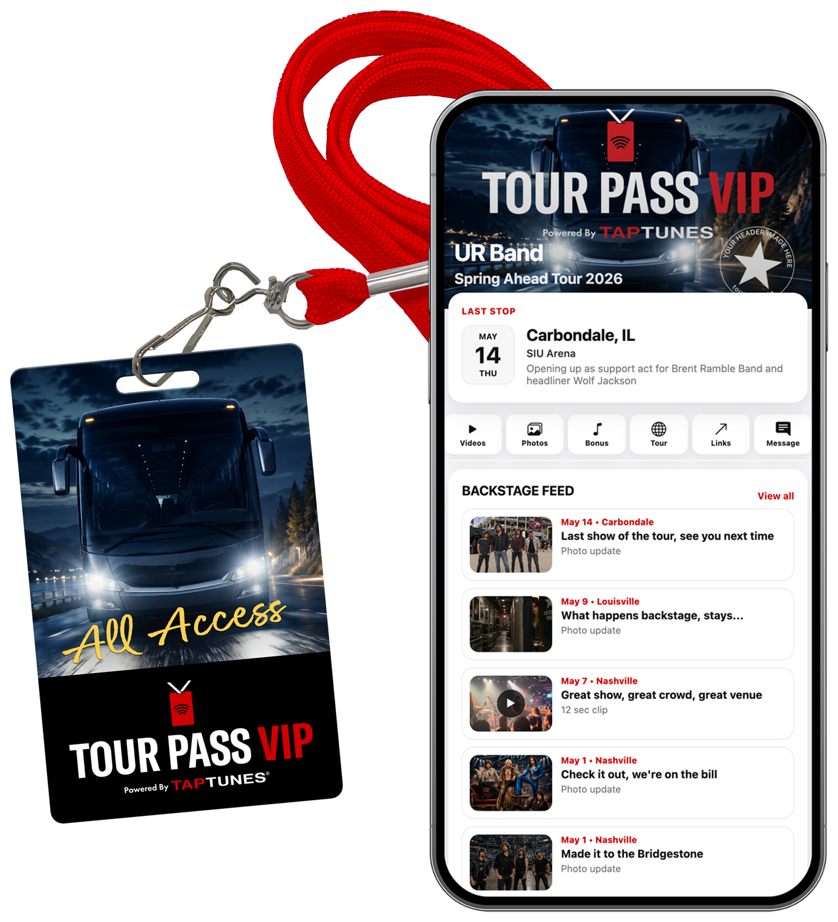 Tour Pass VIP pass with red lanyard and mobile phone